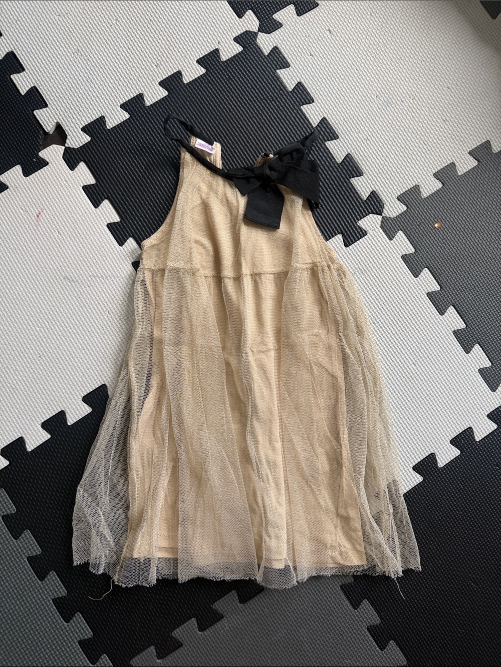 Girls' Gold Zara Tulle Party Dress with Black Bow